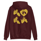 Back view of a maroon hoodie with the word Love in gold BSL Fingerspelling with the 'O' embedded in a heart shape