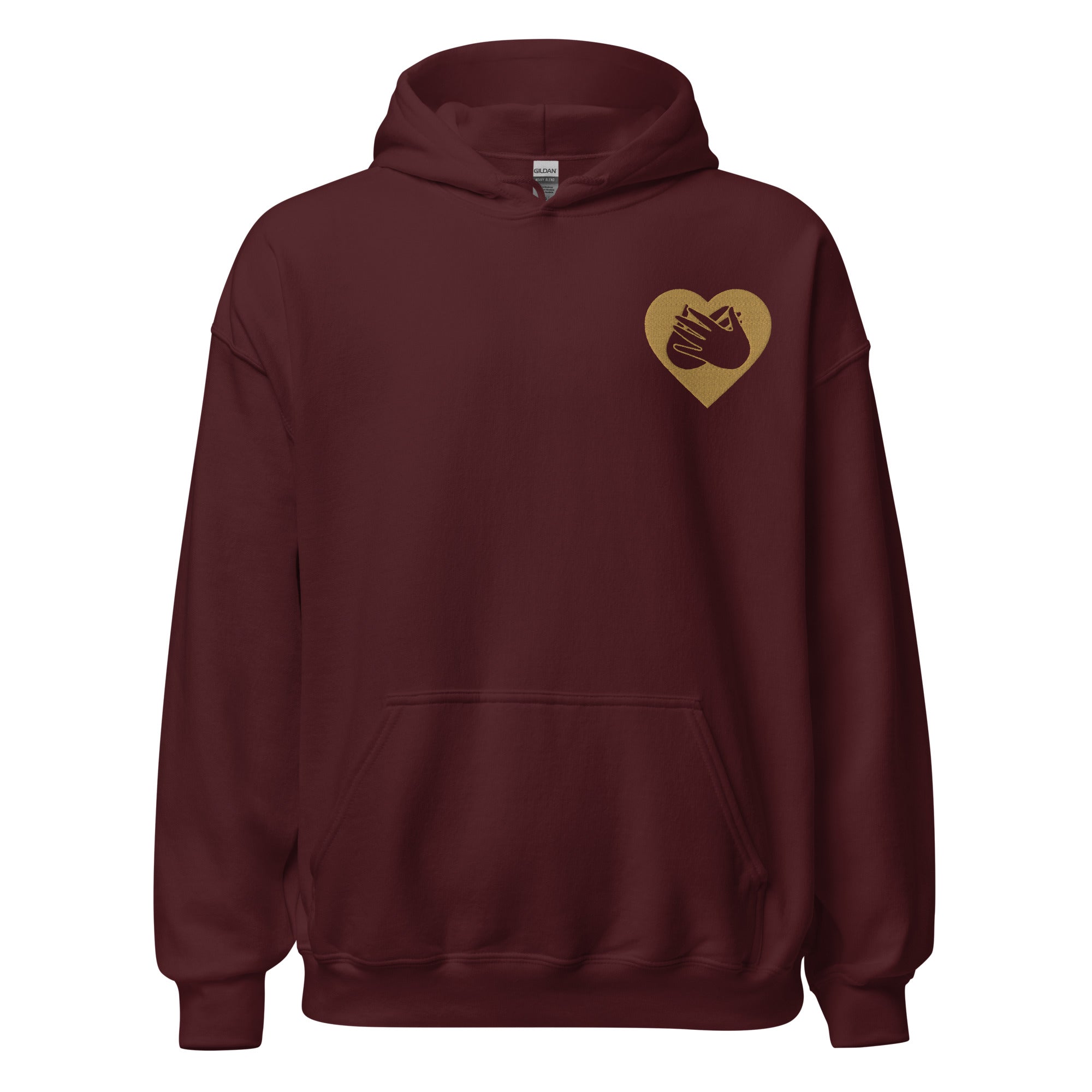 Front view of a maroon hoodie showing a gold coloured heart and the iconic BSL Love sign embedded in it on the left side of the chest