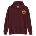 Front view of a maroon hoodie showing a gold coloured heart and the iconic ASL I Love You sign embedded in it on the left side of the chest