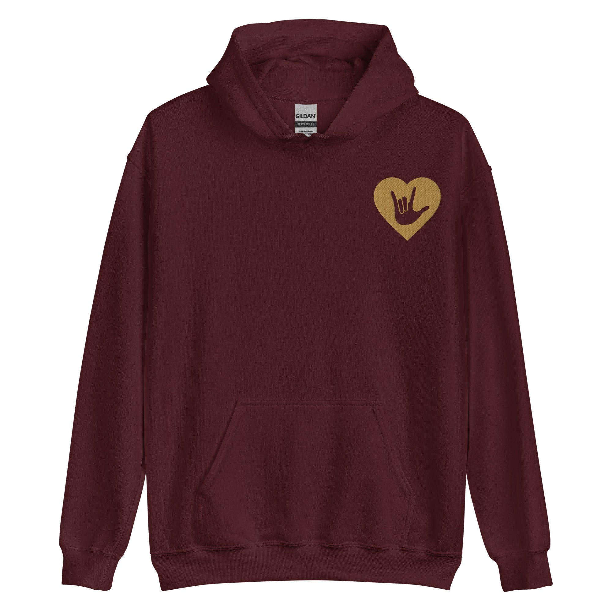 Front view of a maroon hoodie showing a gold coloured heart and the iconic ASL I Love You sign embedded in it on the left side of the chest