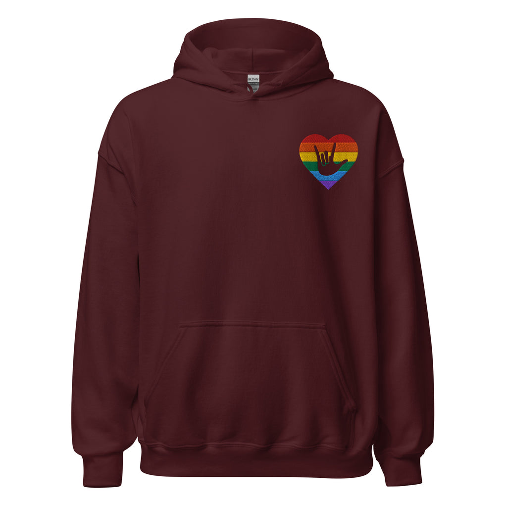 Front view of a maroon hoodie showing a pride coloured heart and the iconic ASL I Love You sign embedded in it on the left side of the chest