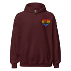 Front view of a maroon hoodie showing a pride coloured heart and the iconic ASL I Love You sign embedded in it on the left side of the chest