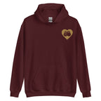 Front view of a maroon hoodie showing a gold coloured heart and the iconic BSL Love sign embedded in it on the left side of the chest