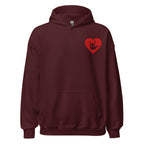Front view of a maroon hoodie showing a red colored heart and the iconic ASL I Love You sign embedded in it on the left side of the chest