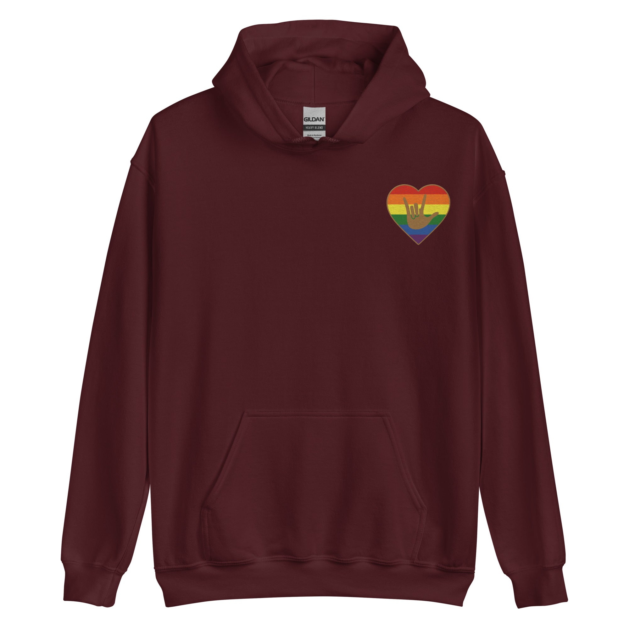 Front view of a maroon hoodie showing a pride colored heart and the iconic ASL I Love You sign embedded in it on the left side of the chest