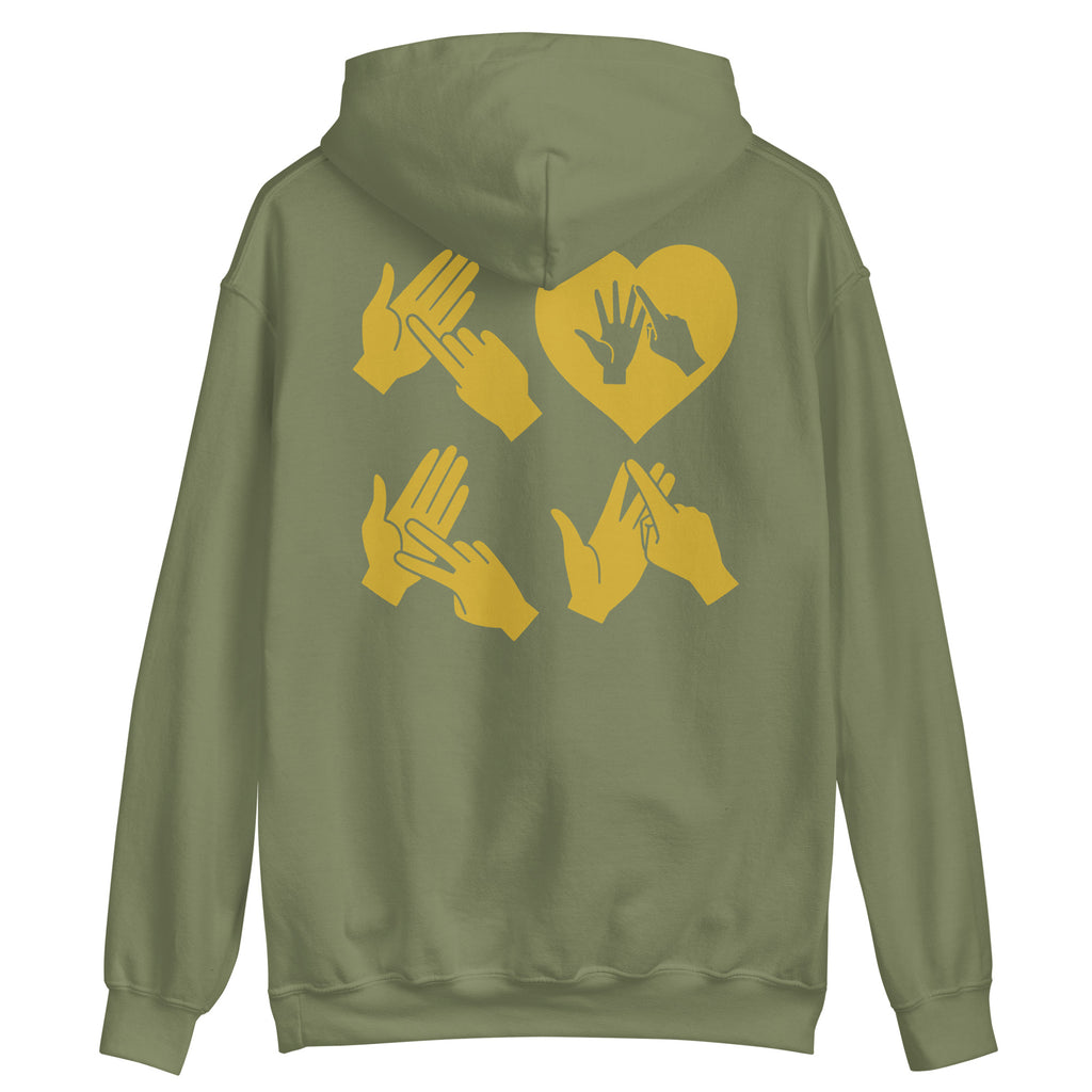 Back view of a military green hoodie with the word Love in gold BSL Fingerspelling with the 'O' embedded in a heart shape
