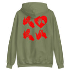 Back view of a military green hoodie with the word Love in red BSL Fingerspelling with the 'O' embedded in a heart shape