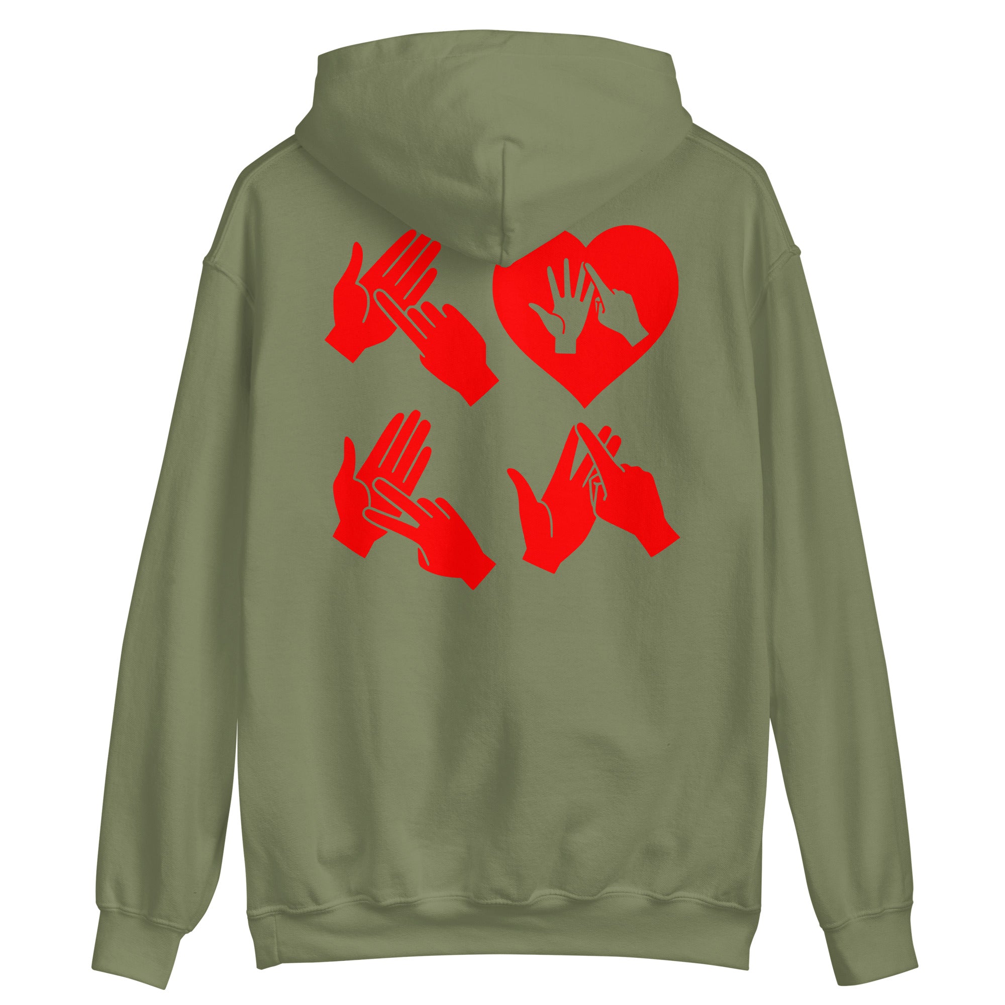 Back view of a military green hoodie with the word Love in red BSL Fingerspelling with the 'O' embedded in a heart shape