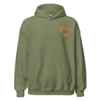 Front view of a military green hoodie showing a gold coloured heart and the iconic BSL Love sign embedded in it on the left side of the chest