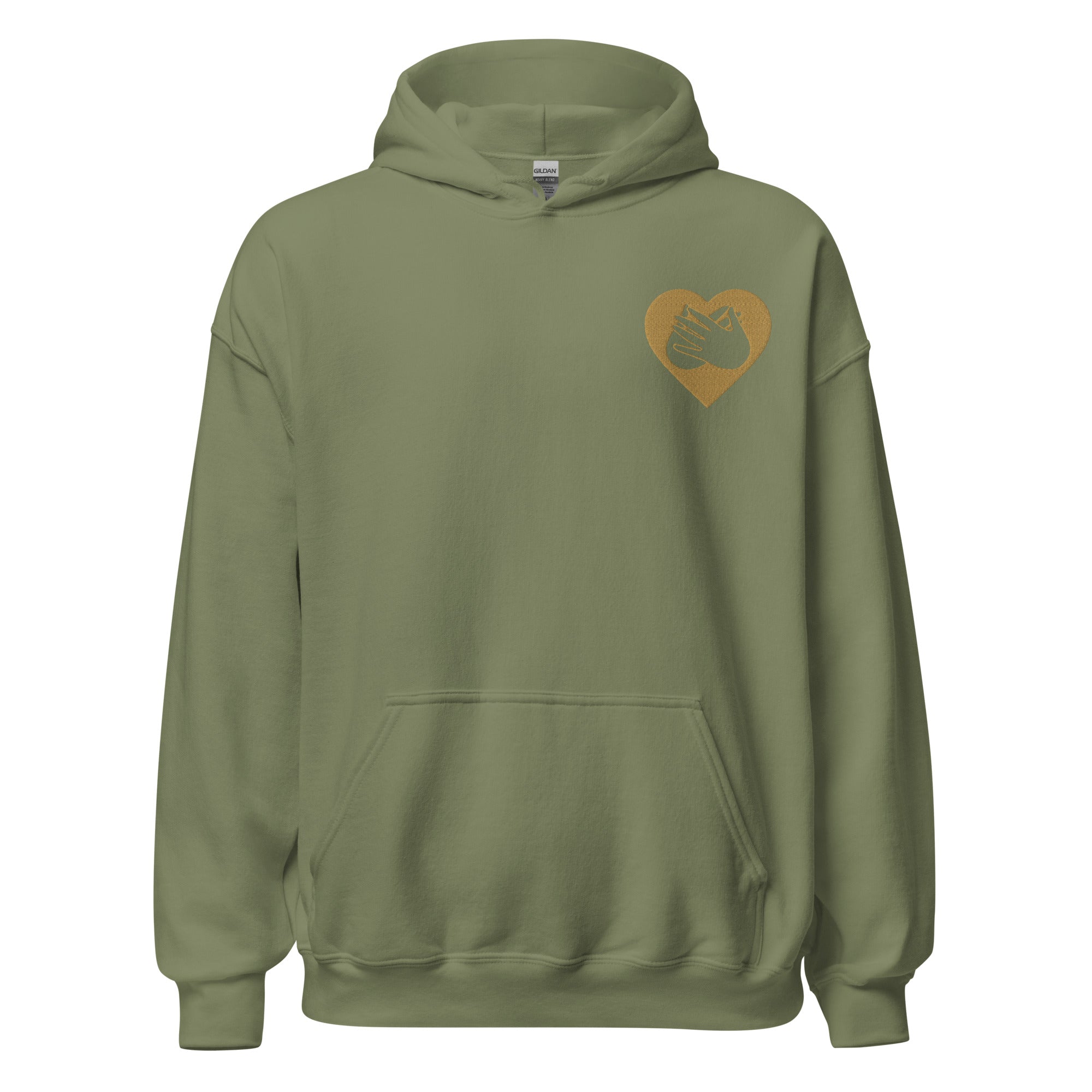 Front view of a military green hoodie showing a gold coloured heart and the iconic BSL Love sign embedded in it on the left side of the chest