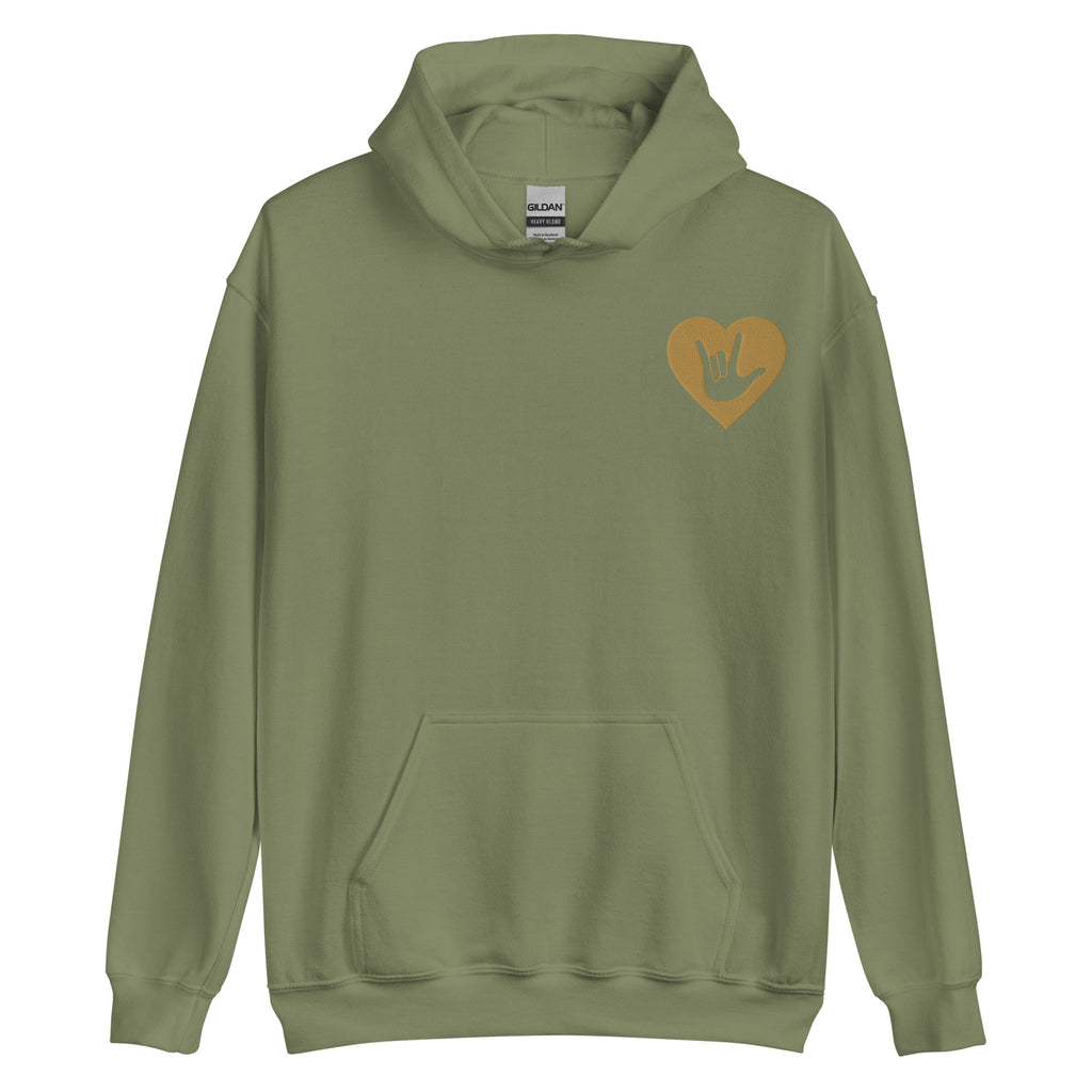 Front view of a military green hoodie showing a gold coloured heart and the iconic ASL I Love You sign embedded in it on the left side of the chest
