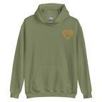 Front view of a military green hoodie showing a gold coloured heart and the iconic ASL I Love You sign embedded in it on the left side of the chest