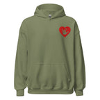Front view of a military green hoodie showing a red coloured heart and the iconic ASL I Love You sign embedded in it on the left side of the chest
