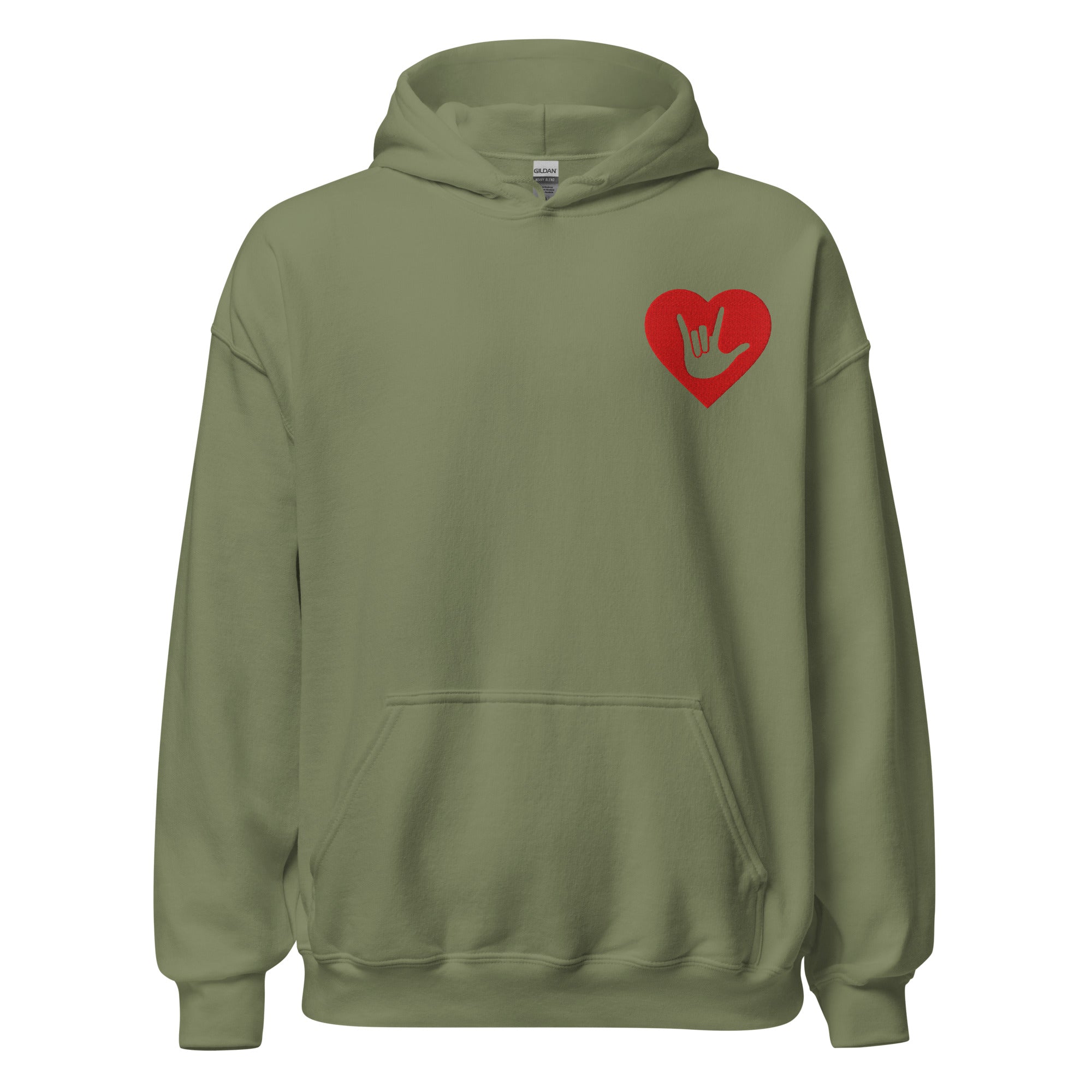 Front view of a military green hoodie showing a red coloured heart and the iconic ASL I Love You sign embedded in it on the left side of the chest