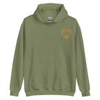 Front view of a military green hoodie showing a gold coloured heart and the iconic BSL Love sign embedded in it on the left side of the chest
