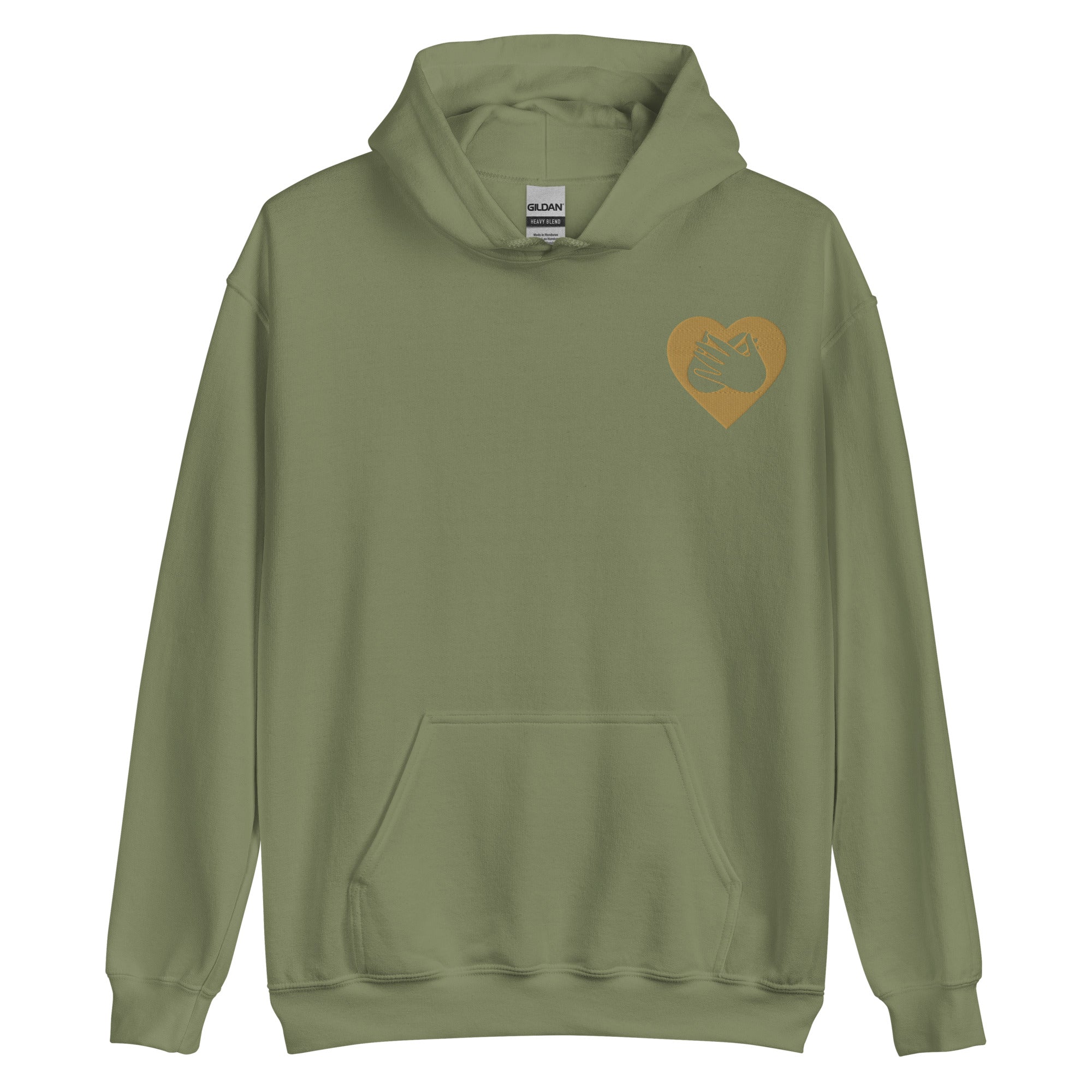 Front view of a military green hoodie showing a gold coloured heart and the iconic BSL Love sign embedded in it on the left side of the chest