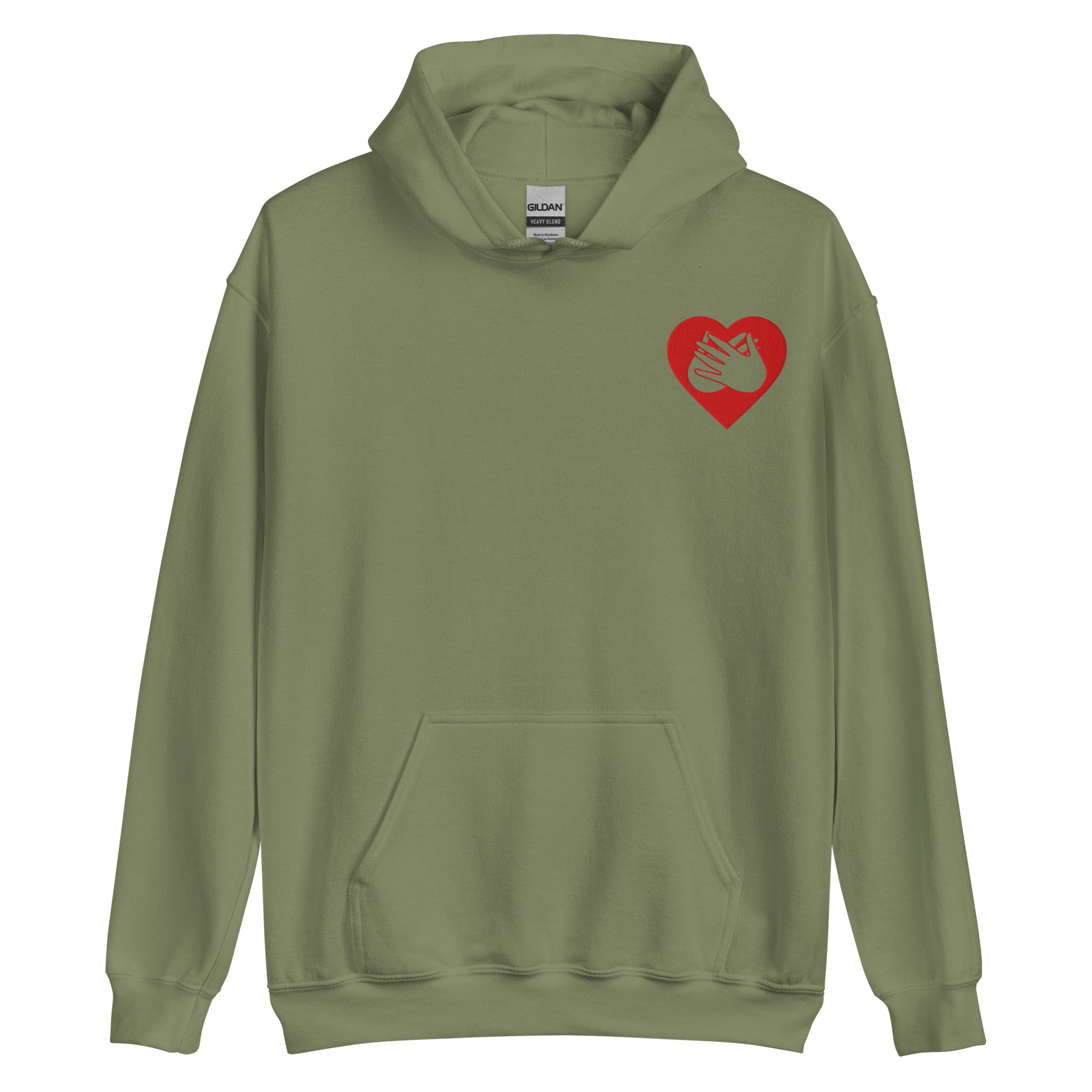Front view of a military green hoodie showing a red coloured heart and the iconic BSL Love sign embedded in it on the left side of the chest