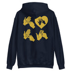 Back view of a navy hoodie with the word Love in gold BSL Fingerspelling with the 'O' embedded in a heart shape