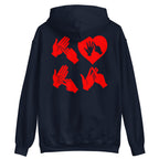 Back view of a navy hoodie with the word Love in red BSL Fingerspelling with the 'O' embedded in a heart shape