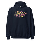 Front view of a navy hoodie with the phrase Always Be Kind in BSL fingerspelling and text combined with floral design