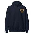 Front view of a navy hoodie showing a gold coloured heart and the iconic BSL Love sign embedded in it on the left side of the chest