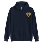 Front view of a navy hoodie showing a gold coloured heart and the iconic ASL I Love You sign embedded in it on the left side of the chest
