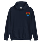 Front view of a navy hoodie showing a pride coloured heart and the iconic BSL Love sign embedded in it on the left side of the chest
