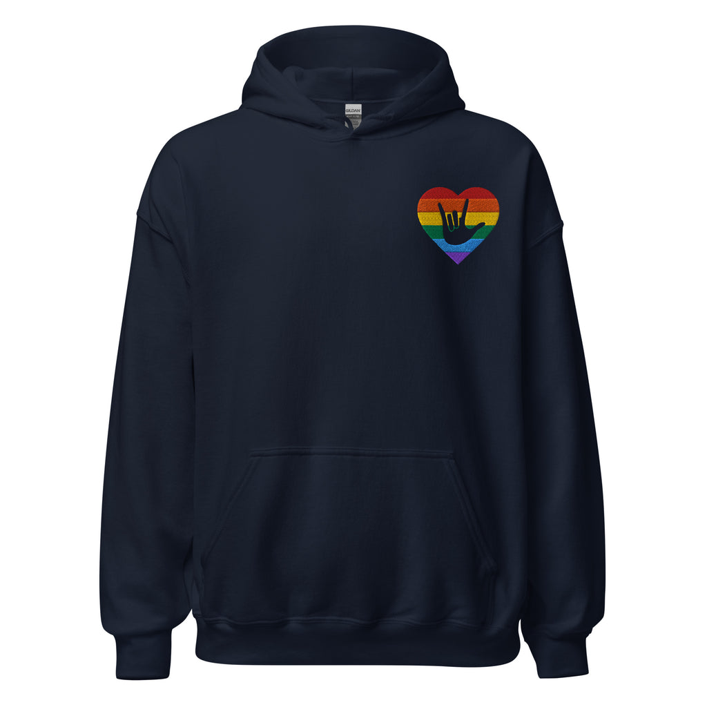 Front view of a navy hoodie showing a pride coloured heart and the iconic ASL I Love You sign embedded in it on the left side of the chest
