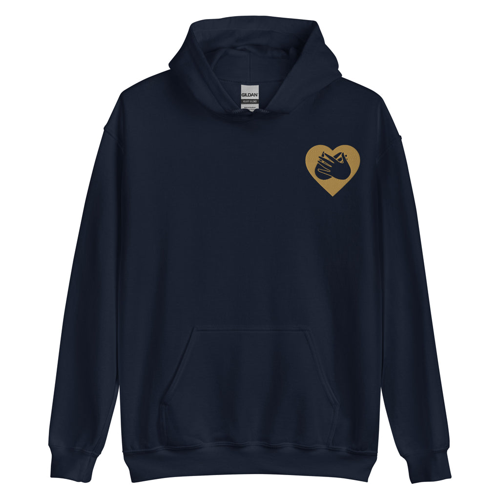 Front view of a navy hoodie showing a gold coloured heart and the iconic BSL Love sign embedded in it on the left side of the chest