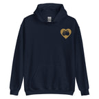Front view of a navy hoodie showing a gold coloured heart and the iconic BSL Love sign embedded in it on the left side of the chest