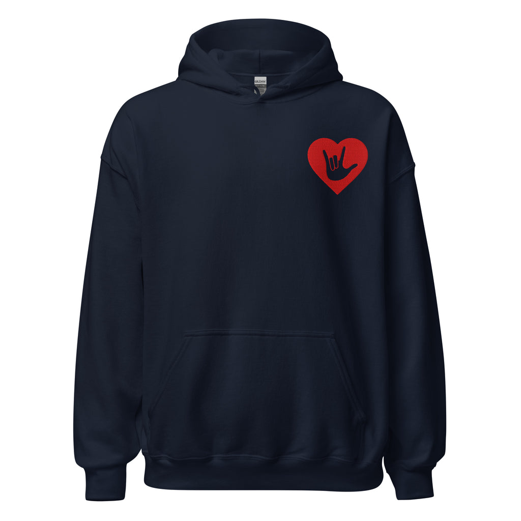 Front view of a navy hoodie showing a red colored heart and the iconic ASL I Love You sign embedded in it on the left side of the chest