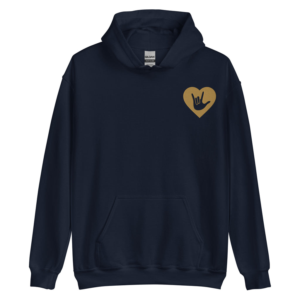 Front view of a navy hoodie showing a gold colored heart and the iconic ASL I Love You sign embedded in it on the left side of the chest