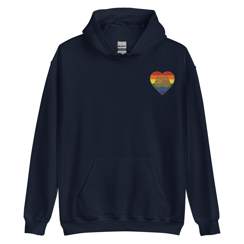 Front view of a navy hoodie showing a pride coloured heart and the iconic BSL Love sign embedded in it on the left side of the chest