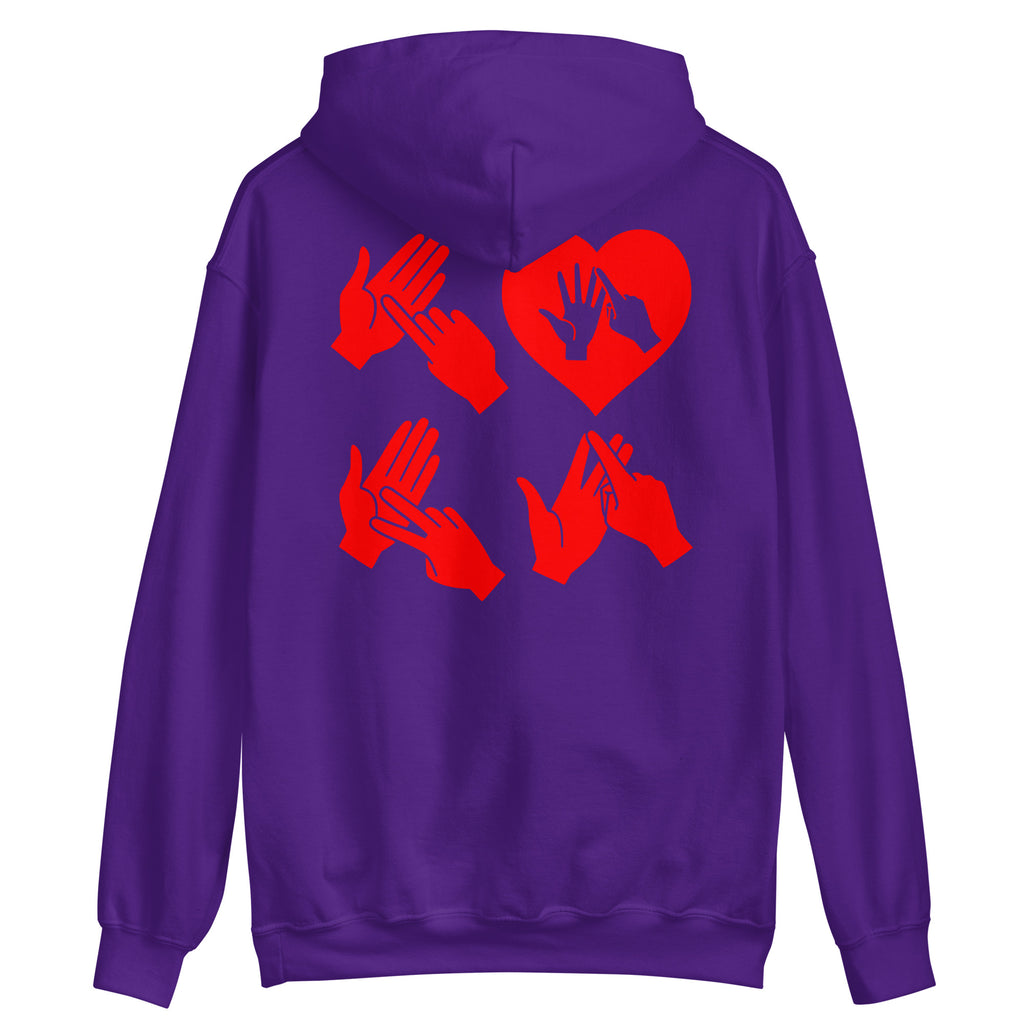 Back view of a purple hoodie with the word Love in red BSL Fingerspelling with the 'O' embedded in a heart shape