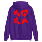 Back view of a purple hoodie with the word Love in red BSL Fingerspelling with the 'O' embedded in a heart shape