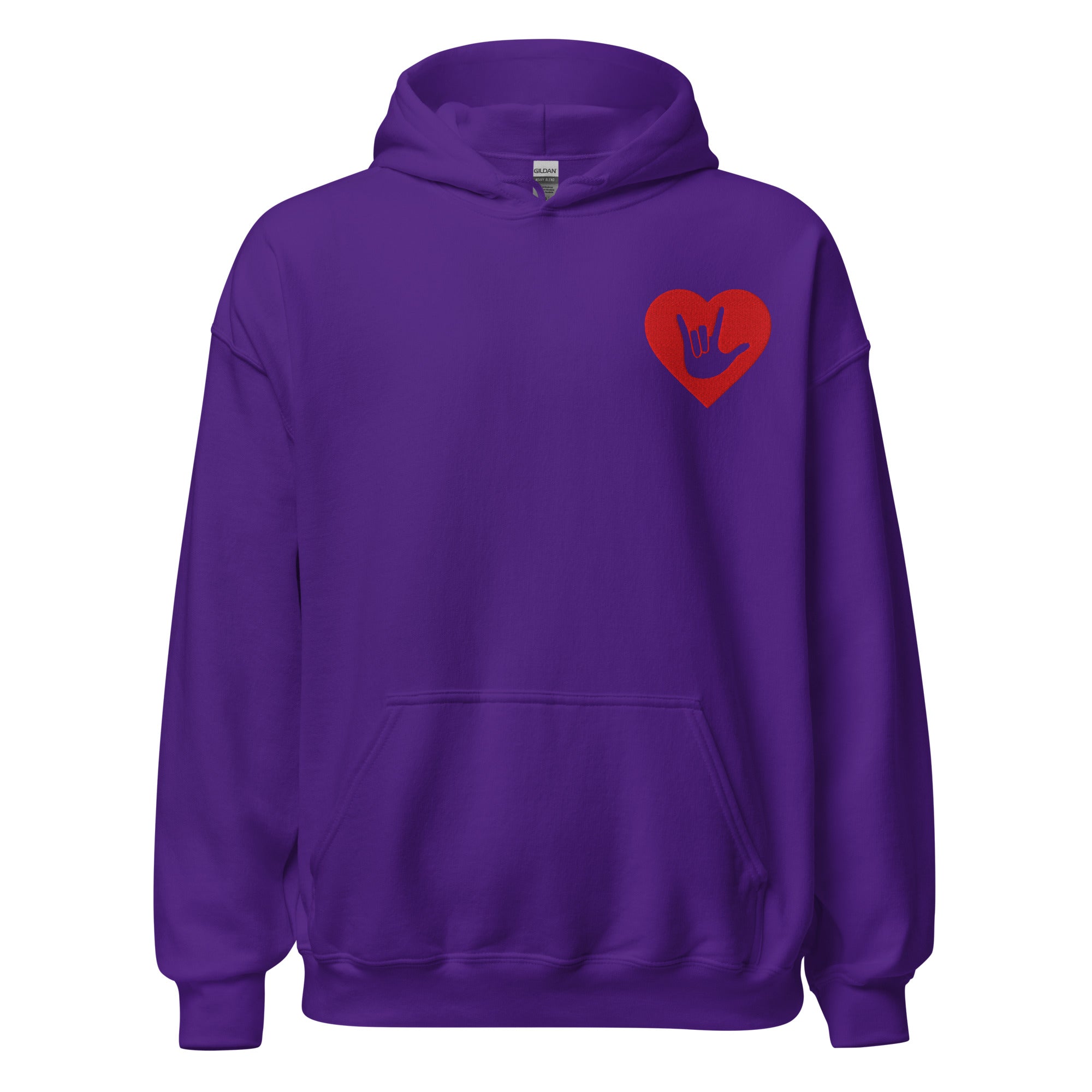 Front view of a purple hoodie showing a red coloured heart and the iconic ASL I Love You sign embedded in it on the left side of the chest