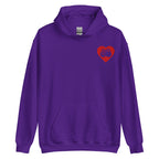 Front view of a purple hoodie showing a red coloured heart and the iconic BSL Love sign embedded in it on the left side of the chest