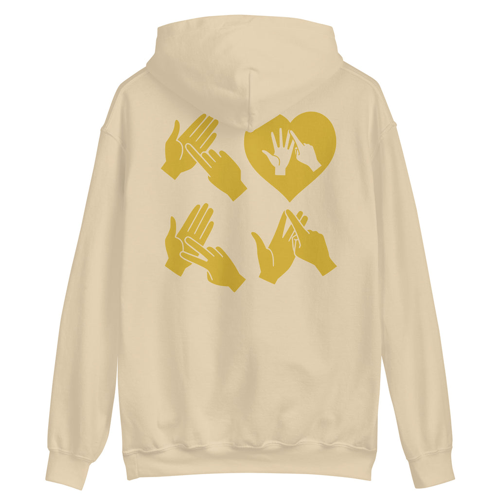 Back view of a sand hoodie with the word Love in gold BSL Fingerspelling with the 'O' embedded in a heart shape