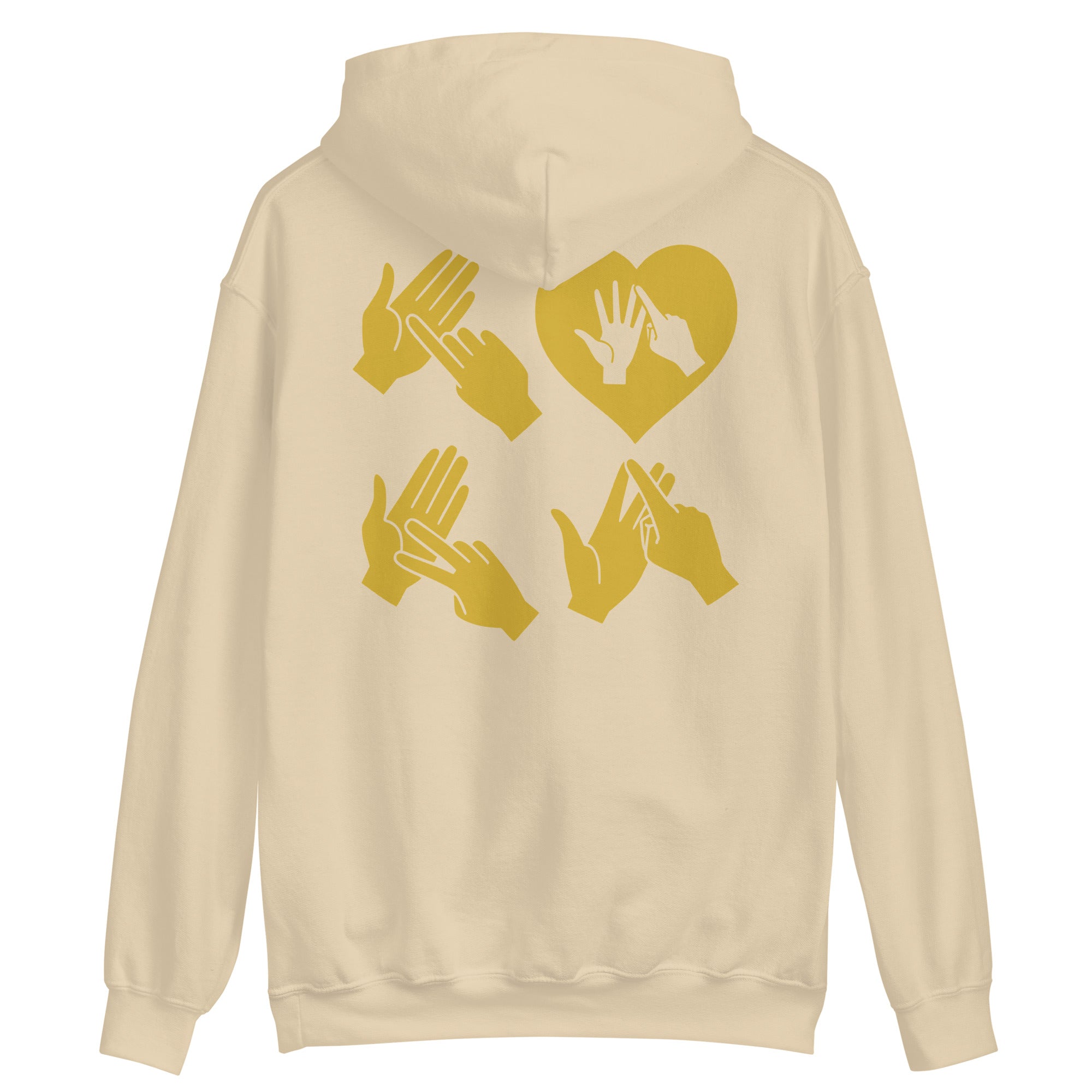 Back view of a sand hoodie with the word Love in gold BSL Fingerspelling with the 'O' embedded in a heart shape