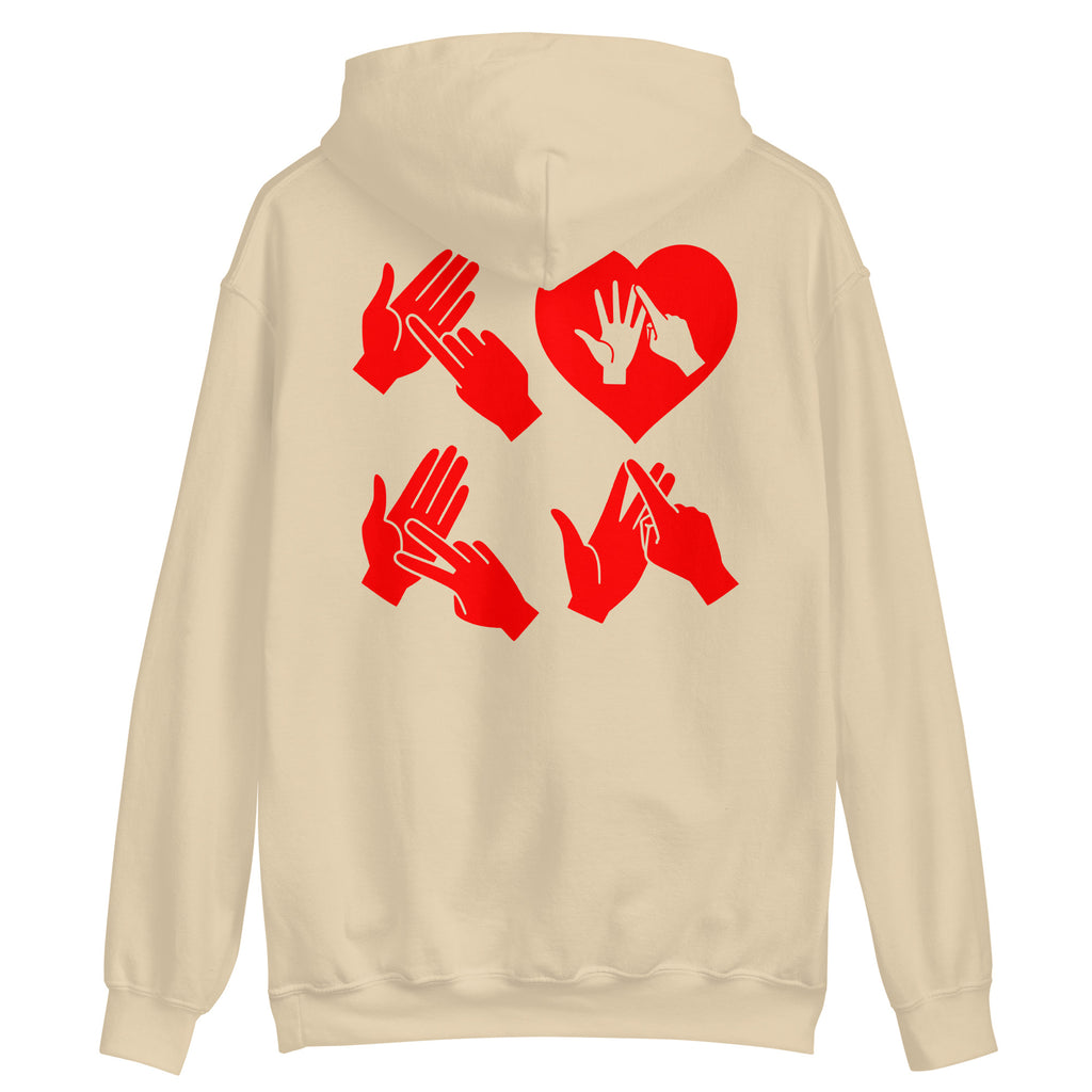 Back view of a sand hoodie with the word Love in red BSL Fingerspelling with the 'O' embedded in a heart shape