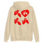 Back view of a sand hoodie with the word Love in red BSL Fingerspelling with the 'O' embedded in a heart shape