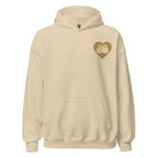 Front view of a sand hoodie showing a gold coloured heart and the iconic BSL Love sign embedded in it on the left side of the chest