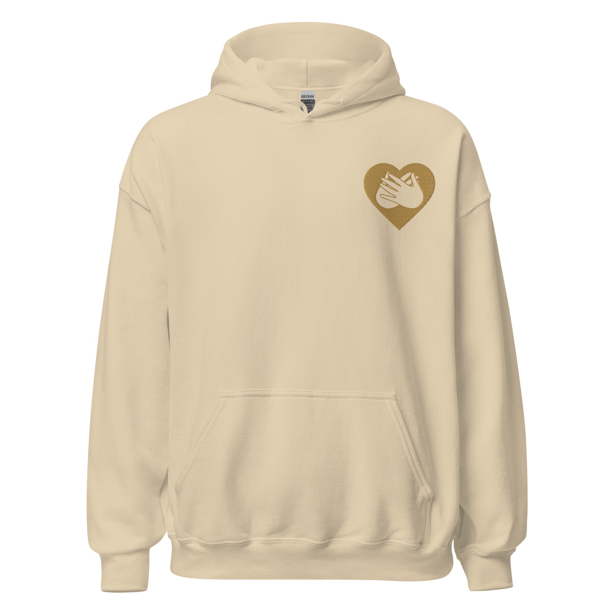 Front view of a sand hoodie showing a gold coloured heart and the iconic BSL Love sign embedded in it on the left side of the chest