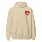 Front view of a sand hoodie showing a red coloured heart and the iconic ASL I Love You sign embedded in it on the left side of the chest