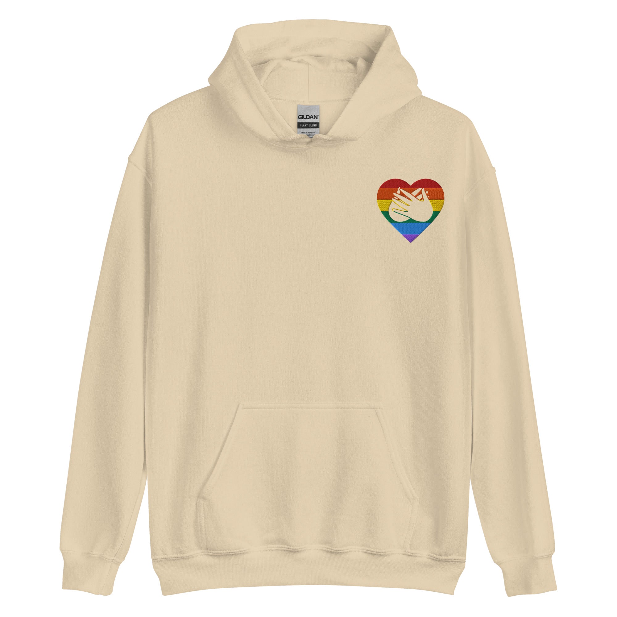 Front view of a sand hoodie showing a pride coloured heart and the iconic BSL Love sign embedded in it on the left side of the chest