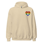 Front view of a sand hoodie showing a pride coloured heart and the iconic ASL I Love You sign embedded in it on the left side of the chest