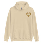 Front view of a sand hoodie showing a gold coloured heart and the iconic BSL Love sign embedded in it on the left side of the chest