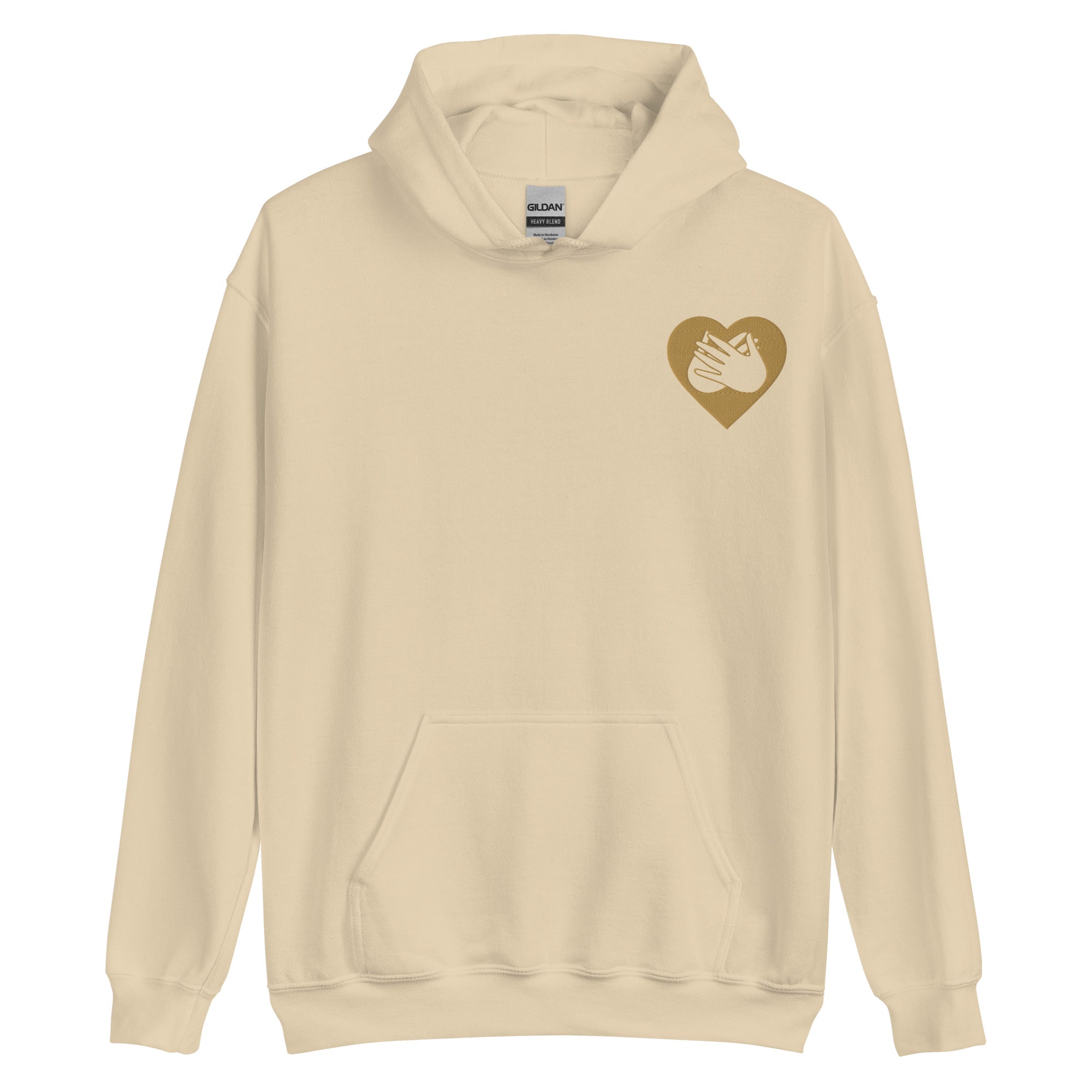 Front view of a sand hoodie showing a gold coloured heart and the iconic BSL Love sign embedded in it on the left side of the chest