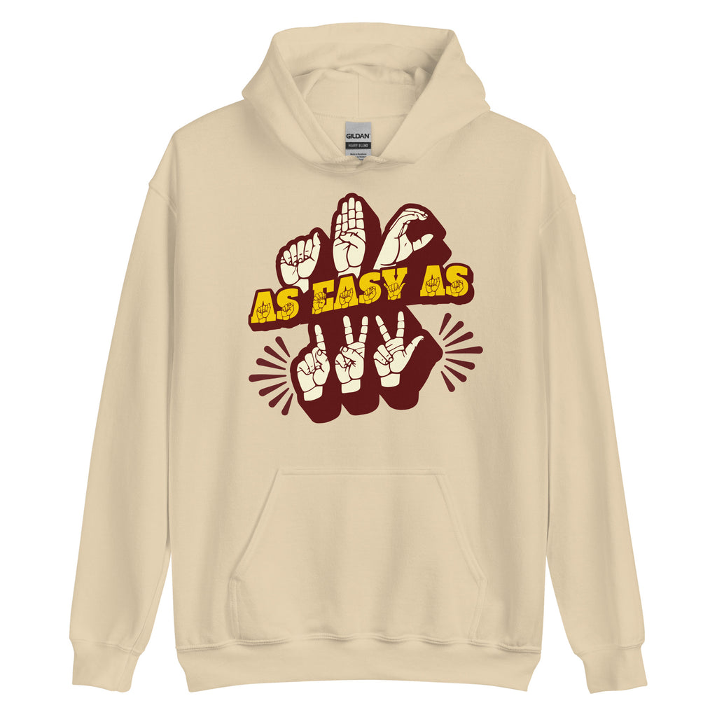 Sand hoodie with ‘ABC As Easy As 123’ in ASL fingerspelling and text characters
