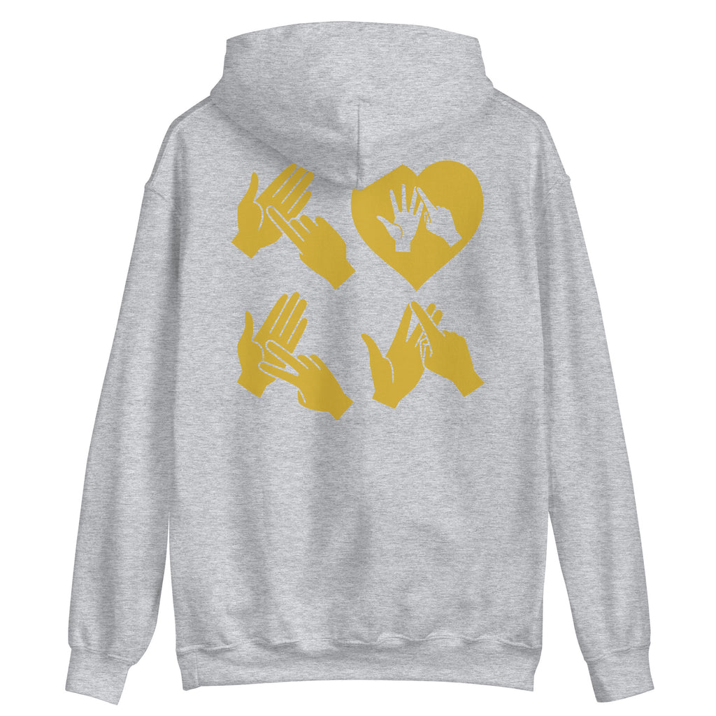 Back view of a sport grey hoodie with the word Love in gold BSL Fingerspelling with the 'O' embedded in a heart shape